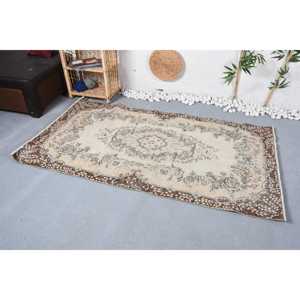 Vintage Area Rug 3.7x6.7 ft, Beige <b>Brown</b> Polka dot Rug <b>Wool</b> - Product Image 3