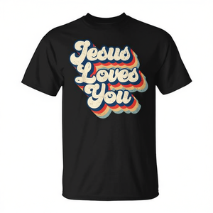 T-Shirt Cristiana Retrò 'Jesus Loves You' per Uomo, Nera, Taglia Media, Collo Tondo, Manica Corta, Regalo per la Chiesa, Stampa Serigrafica - Product Image 3