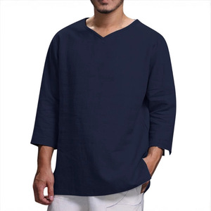 T-Shirt Casual da <span class=keywords><strong>Uomo</strong></span> SK con Scollo a V, Manica Lunga <span class=keywords><strong>in</strong></span> Cotone e <span class=keywords><strong>Lino</strong></span>, Tinta Unita, Antipiega, Stile Safari, Streetwear Autunnale, Nuova Collezione - Product Image 4