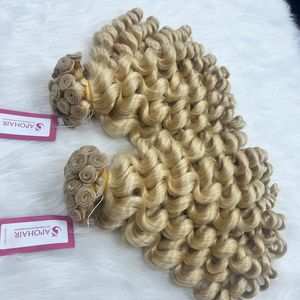 Alta calidad doble dibujado Remy cuerpo mano atada trama brasileña rubia extensión de cabello humano estilo de onda Natural - Product Image 2
