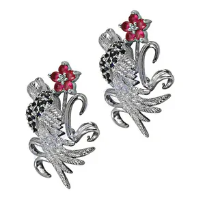 Boucles d'oreilles pendantes Art Palace vintage à motif floral et oiseaux avec pierres précieuses rubis en argent 925 pour femme, cadeau de fête du Rajasthan - Product Image 3