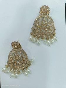Jumka Bollywood Kundan TraditionaL Jhumka Indian <b>Gold</b> Plated Enamel Dangling Bells Tassel Stud <b>Earrings</b> for Women - Product Image 3