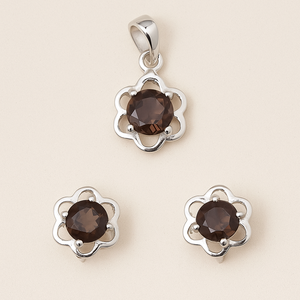 Juego de Joyería Fina Rhaya Jewels de 3 Piezas en Plata 925 con Baño de Rodio, Collar y Aretes de Cuarzo Ahumado con Diseño de Flor para Mujer, Regalo de Boda - Product Image 3