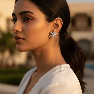 Pendientes de Botón de Oro Blanco de Moda para Mujer con Flores de Circonita Cúbica, Oro de 14K, Diamantes con Corte Pera y Princesa, Regalo de Joyería - Product Image 1