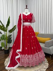 Kadınlar İçin Geleneksel İşlemeli Hızlı Kuruyan Faux Georgette Lehenga Choli Takımı Dupatta Parti Düğün Şenlikli Günler Gelin Stili - Product Image 2