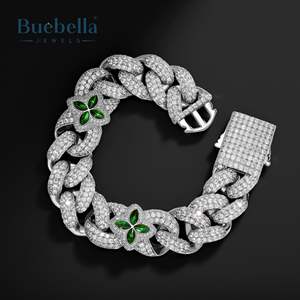 14K <b>White</b> <b>Gold</b> 20mm Emerald Four Leaf Clover Cuban <b>Bracelet</b> 925 Sterling Silver VVS Moissanite Diamond Hip Hop Style for Men - Product Image 3