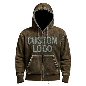 Personalizado Unisex Desgastado Vintage Lavado Cremallera Dobladillo deshilachado Streetwear Chaqueta con capucha rasgada de gran tamaño - Product Image 5