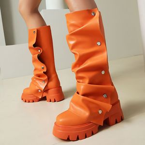 Botas de plataforma plegables para mujer, tacón grueso, punta redonda, estilo western, sin cordones, a media pantorrilla, ligeras, que aumentan la altura, color liso. - Product Image 1