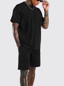 Verano logotipo personalizado camiseta pantalones cortos conjuntos para hombres de gran tamaño camisetas hombres Boxy Fit negro Camiseta 100% algodón liso chándal - Product Image 4