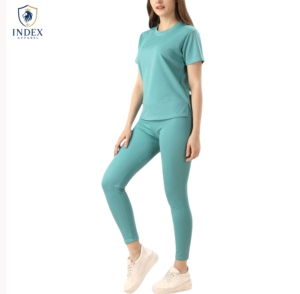 Conjunto Deportivo Informal para Mujer, Color Verde Azulado, Manga Corta, Cuello Redondo, Leggings Transpirables, Ligeros, de Color Sólido, para Verano, Marca INDEX APPAREL - Product Image 1