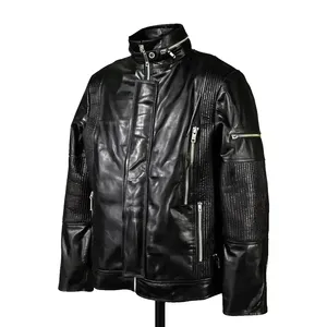 Chaqueta de Cuero para Hombre Estilo Biker Daft Punk Negra, Abrigo de Invierno con Cierre de Cremallera, Chaqueta de Cuero Vacuno Genuino - Product Image 1