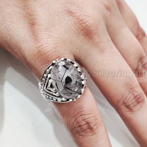 Bague en argent sterling 925 pour homme, avec pierre précieuse naturelle quartz rutile noir, pierre de naissance de avril, bijoux arabes de Noël, vente en gros - Product Image 5