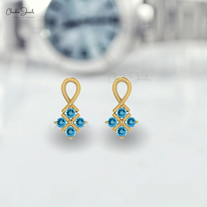 Boucles d'oreilles en or véritable 14 carats faites à la main pour topaze bleue suisse Boucles d'oreilles en pierres précieuses de 2mm de coupe ronde Cadeau de mariage de style mignon pour femme - Product Image 6