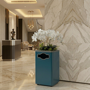 TH-CTC-005 Dark Teal Blue Rectangular Plastic Waste <b>Bin</b> with Decorative Artificial Flowers Arrangement for Indoor Outdoor Use - Product Image 5