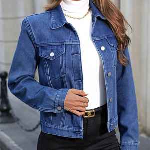 Vestes en jean respirantes personnalisées OEM pour femmes veste en jean boutonnée de base à manches longues surdimensionnée avec poches - Product Image 6