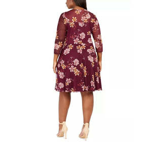 เดรสชีฟองสีแดงลายดอกไม้แต่งจุดสวิสสำหรับผู้หญิงไซส์พลัส ทรงหวาน คอวี ชุดราตรีทรงเอ็มไพร์ เอวสูง ทรงหลวม ไซส์ XL - Product Image 2