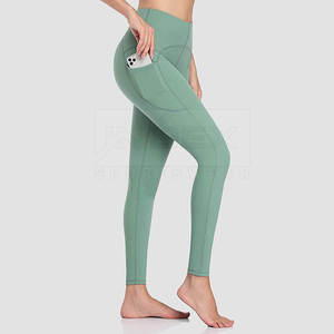 Leggings de Yoga de Cintura Alta y Largo Completo, Color Verde Sólido, Spandex y Nailon, Pantalones Elásticos con Bolsillos, Diseño con Costuras en Contraste - Product Image 4