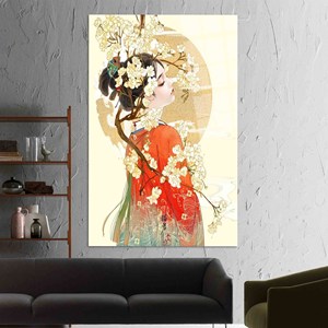 Obra de arte impresa en lienzo: Elegante Geisha japonesa con flores, arte en vidrio templado - Product Image 1