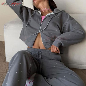 Drawstring Hooded <b>Jacket</b> Pants <b>Rhinestone</b> Tracksuit Set for Women Winter Regular Fit Lightweight Polyester/Cotton High Fashion - Product Image 4