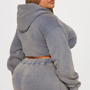 Parche bordado desgastado lavado ácido estampado de invierno 100% algodón pantalones de chándal acampanados y conjuntos de Sudadera con capucha recortada - Product Image 5