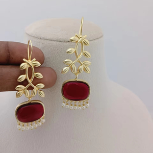 Conjunto de pendientes de piedra colgantes de cuarzo rosa de hoja dorada ovalada a granel de latón personalizable para niñas y mujeres - Product Image 1