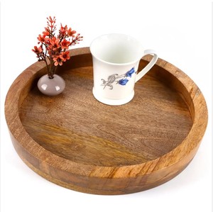 Plateau décoratif et de service en bois de manguier massif de forme ronde de qualité supérieure pour hôtels, restaurants et usage domestique à bas prix - Product Image 1