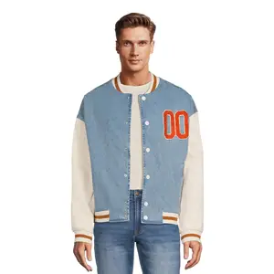 Chaquetas universitarias de moda para hombres en Jeans Chenille Patch Work Venta al por mayor Chaquetas de béisbol de jeans con estilo hechas a medida - Product Image 1