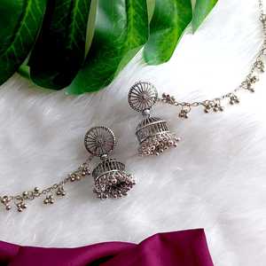 Efulgenz Indain Oxidized Jhumka Jhumki Dangle <b>Earrings</b> Set with Ear Chain Indian Wholesaler Manufacturer Jewelry for Women - Product Image 2