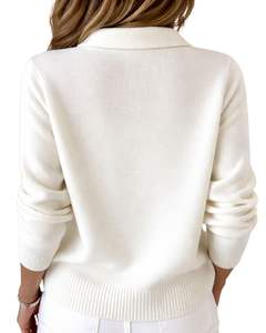 <b>Women</b> <b>White</b> Button Front Knit Cardigan Sweater <b>Long</b> <b>Sleeve</b> Soft Casual Winter <b>Top</b> With Polo Collar For Ladies Fashion Wear - Product Image 2