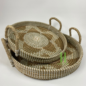 Plateau en jonc de mer Boho personnalisable de l'usine artisanale HNH avec poignée de panier ronde Plateau de service carré pour boîtes de rangement alimentaire OEM Bacs - Product Image 5