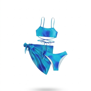 High Quality 200 GSM Stretch Nylon Spandex Gradient Blue <b>Bikini</b> <b>Set</b> With Mesh Skirt Custom Logo Print Women <b>Bikinis</b> <b>Set</b> - Product Image 6