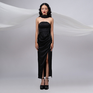 Elegante Vestido de satén de longitud de té para mujer Sexy A-Line fiesta noche con diseño de hendidura en los hombros cintura Natural ODM Ope - Product Image 5