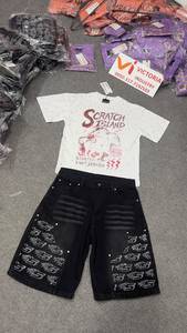 Shorts en jean noirs personnalisés pour hommes avec clous en strass, style baggy, streetwear, vente en gros, fabricant - Product Image 2