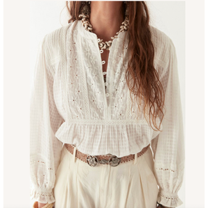 Blouse en lin SABINE 100% lin brodée de fleurs, style vintage western, respirante, coupe ample, tailles XL et XXL, Perle Perle - Product Image 3