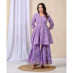 ชุดชาราร่าผ้าฝ้ายพิมพ์ลายสีม่วงสำหรับผู้หญิง ชุดลำลองสำหรับผู้หญิงพร้อมเสื้อแขนสามส่วน - Product Image 6