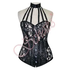 2024 Customized Fallouts Sheer Eyelet Lace With Satin Boning & Trims Corset With Neck Collar And Adjustable Straps