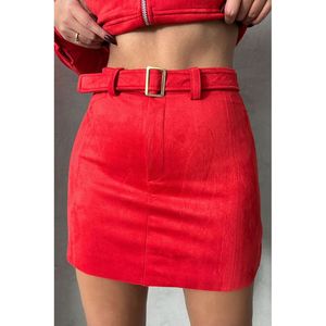 TopsHOW Women's <b>Red</b> <b>Belted</b> Suede Skirt - Wholesale Cotton Polyester A-Line Midi Skirt for Casual Wear - Product Image 1