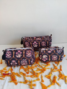 Indian Handmade Eco-Friendly Black Floral Cotton Block Print Case for <b>Bags</b> Cosmetic <b>Bag</b> Set 3 Large Free Shipping Gift - Product Image 3