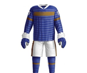 Custom Men Ice Hockey Uniform Blue Striped Jersey White Shorts Full Sleeve V-Neck <b>Moisture</b> Wicking 100% Polyester Custom Team - Product Image 1