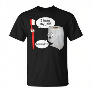 T-shirt retrò con spazzolino da denti e carta igienica 'I Hate My Job' - T-shirt promozionale divertente - Product Image 2