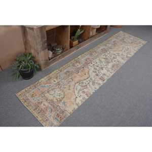Tapis Turc Vintage Classique Beige Bleu Fait Main Laine Patchwork Design 2.1x8.7 pieds Rectangle pour Salon Chambre Support en Latex - Product Image 5