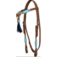 RSI HP510 Western Leather Headstall untuk Kuda Warna Cokelat Biru Turquoise Rumbai Detail Rambut Alami Kulit Rawhide Anyaman Tangan