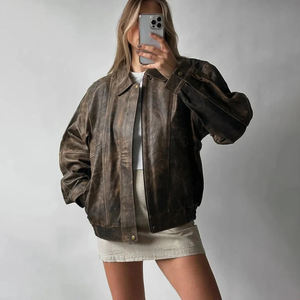 Wholesale Custom Oversized Genuine <b>Leather</b> <b>Women's</b> <b>Jacket</b> Breathable Cotton Lining Zipper Front <b>Vintage</b> Fashion - Product Image 1
