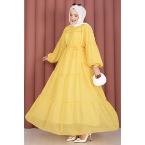 Vestido de Gasa Amarillo Oscuro con Spandex, Detalle Fruncido y Capas, Cintura Imperio, Sexy para Club/Día a Día, Tallas XS-XL, Incluye Forro - Product Image 3