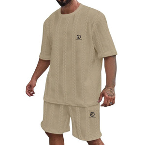 Ensemble décontracté d'été pour homme en coton tricoté 100 %, pull à col rond et manches courtes, couleur unie, avec short et chemise, design respirant - Product Image 3