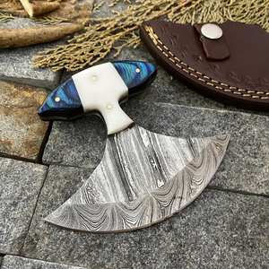 Custom Handmade Damascus Steel Ulu <b>Knife</b> with Wood <b>Bone</b> <b>Handle</b> & Stainless Steel Sheath <b>for</b> DIY & OEM Manufacturing - Product Image 4