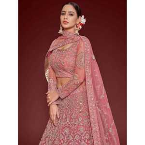 Lindo Lehenga Choli Tradicional Bordado en Rosa Palo, Ropa de Boda de Tela Suave - Product Image 5
