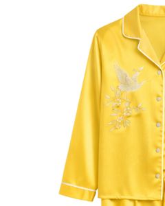 Manufacturer Women Yellow Embroidered Satin Silk <b>Pajama</b> Set Button Down Long Sleeve Sleepwear Luxury Soft Shiny Loungewear - Product Image 4