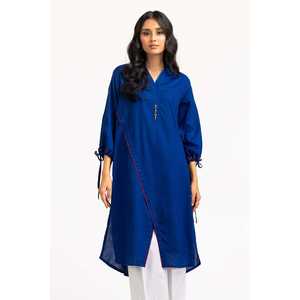 Chemisier en satin de soie bleu Dobby orné pour femme, taille XL, chemise de bureau de haute qualité avec col à volants et motif brodé, coupe longue - Product Image 3