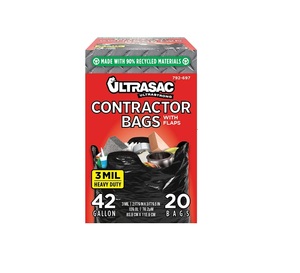 Sacs poubelles industriels Ultrasac 42 gallons, très résistants, pour entrepreneurs, 3 mil, noirs, 32,75 x 44,5 pouces, lot de 20 avec attaches à rabat - Product Image 1